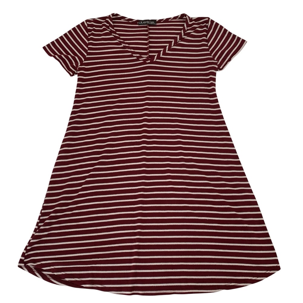 Due Time Maternity T-Shirt Dress S Burgundy Striped Stretch V-Neck Preppy Casual